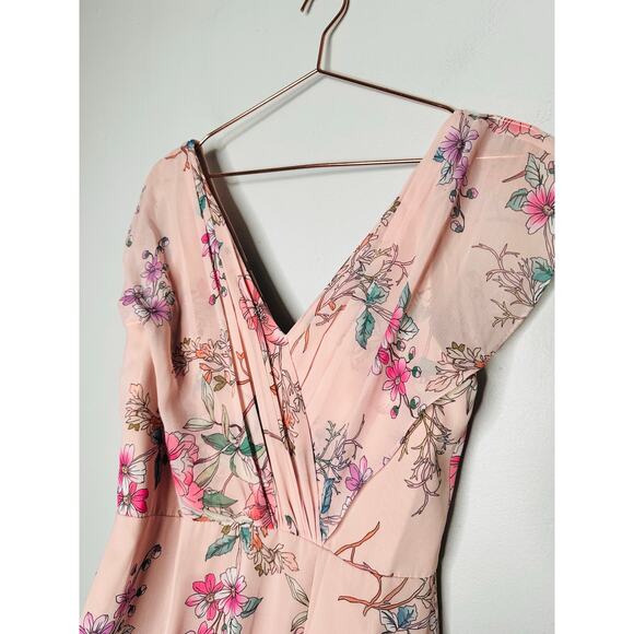 MONIQUE LHUILLIER Pink Floral Crepe Short Sleeve Floral Gwen Gown Size 6 - Picture 13 of 14